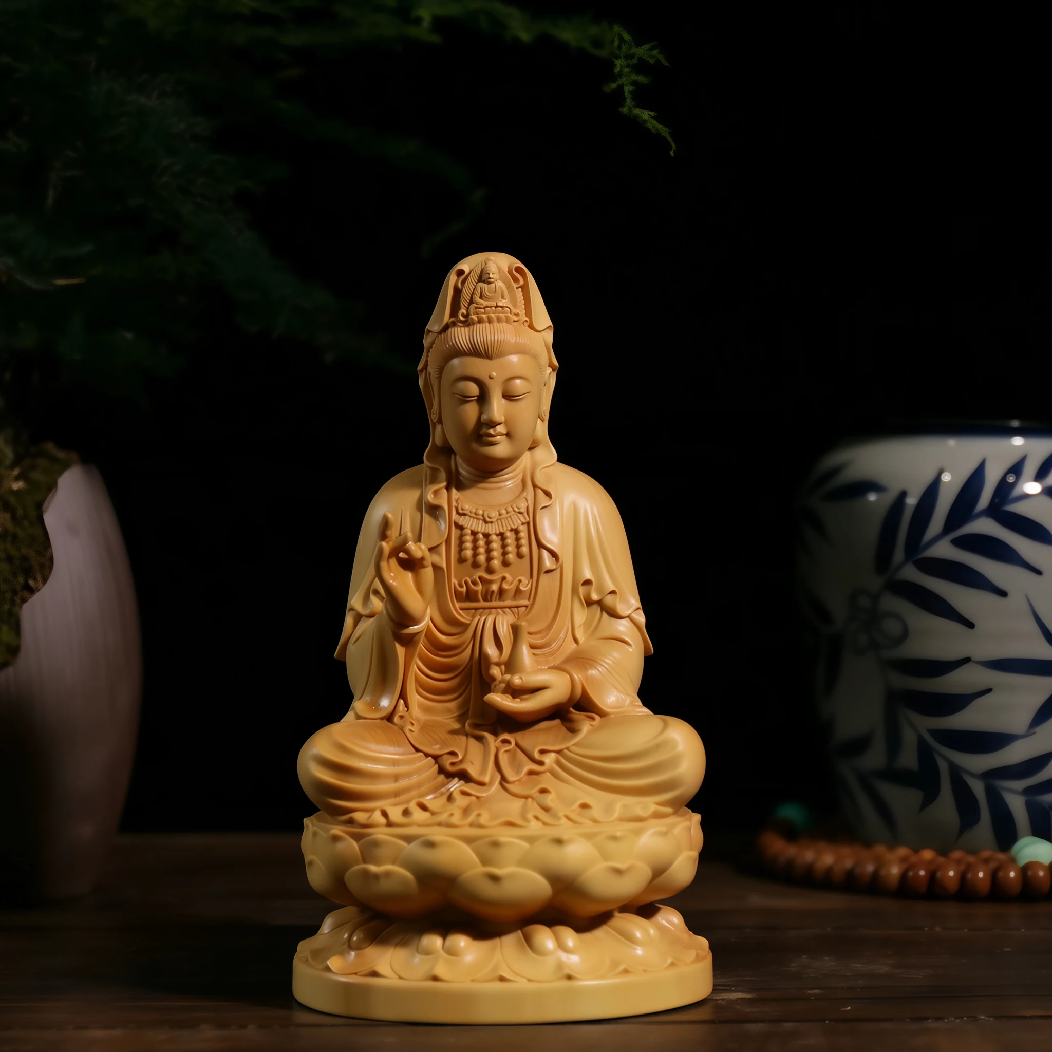 Front view of a boxwood Guanyin seated on a lotus pedestal with a slender water vase