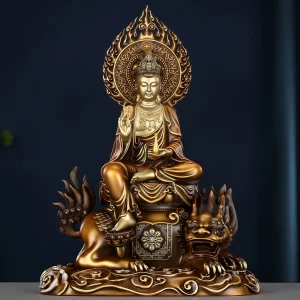 Front view of brass Putuo Guanyin seated on a mythical Hou, with an amber-brown robe, gold-toned face, flame halo, willow sprig and water vase