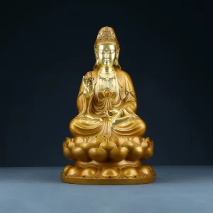 Front of the brass Willow Branch Guanyin, holding a vase above a layered lotus throne