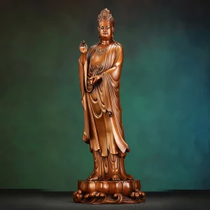 Full front view of copper Guanyin with a tilted water vase and raised hand, standing on a lotus and wave pedestal
