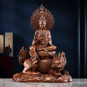 Front view of the copper Putuo Guanyin statue, seated on a mythical Hou beneath an openwork flame halo