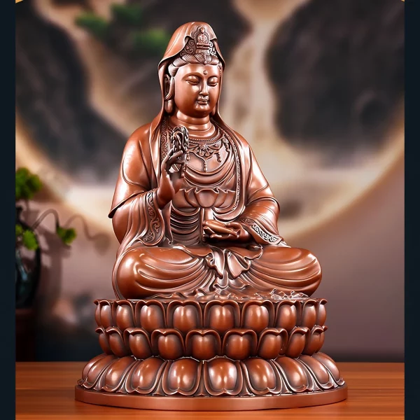 Copper Willow Guanyin on a tiered lotus pedestal, holding a willow sprig and a tilted vase