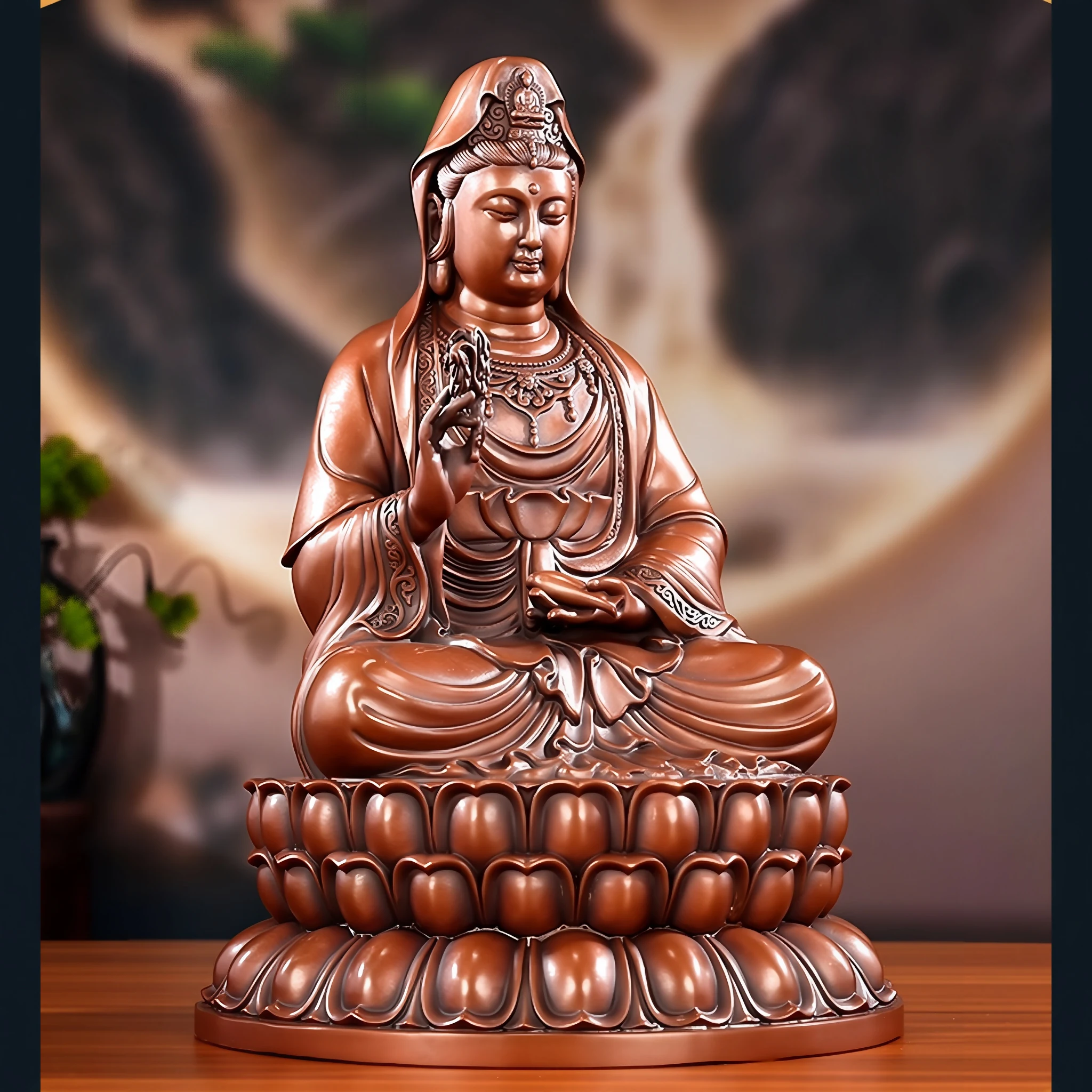 Copper Willow Guanyin on a tiered lotus pedestal, holding a willow sprig and a tilted vase