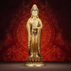 Front view of brass Dharma Wheel Guanyin in antique tea-gold, standing on a lotus and holding a small wheel