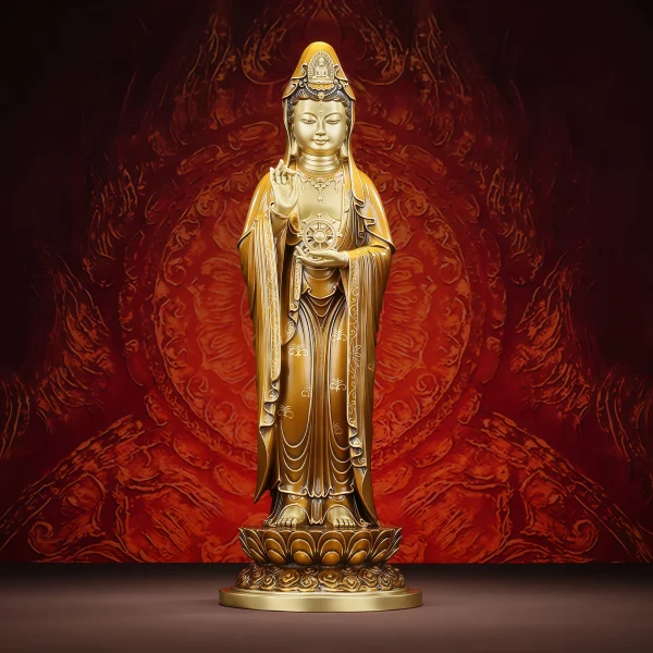 Front view of brass Dharma Wheel Guanyin in antique tea-gold, standing on a lotus and holding a small wheel