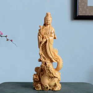 Front of the 21 cm natural boxwood Dragon Guanyin with a tilted vase and coiled dragon