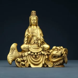 Front view of a brass Guanyin seated on a dragonfish, with a raised hand and a small water vessel