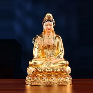 Front view of gold leaf Guanyin with a painted face, willow branch, narrow vase and an ornate round lotus throne