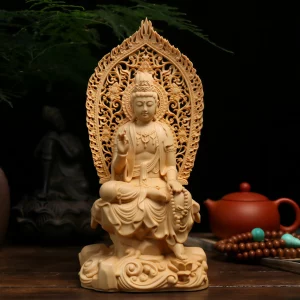 Front view of a seated Huimu wood Guanyin with a flame-shaped openwork halo and carved prayer beads