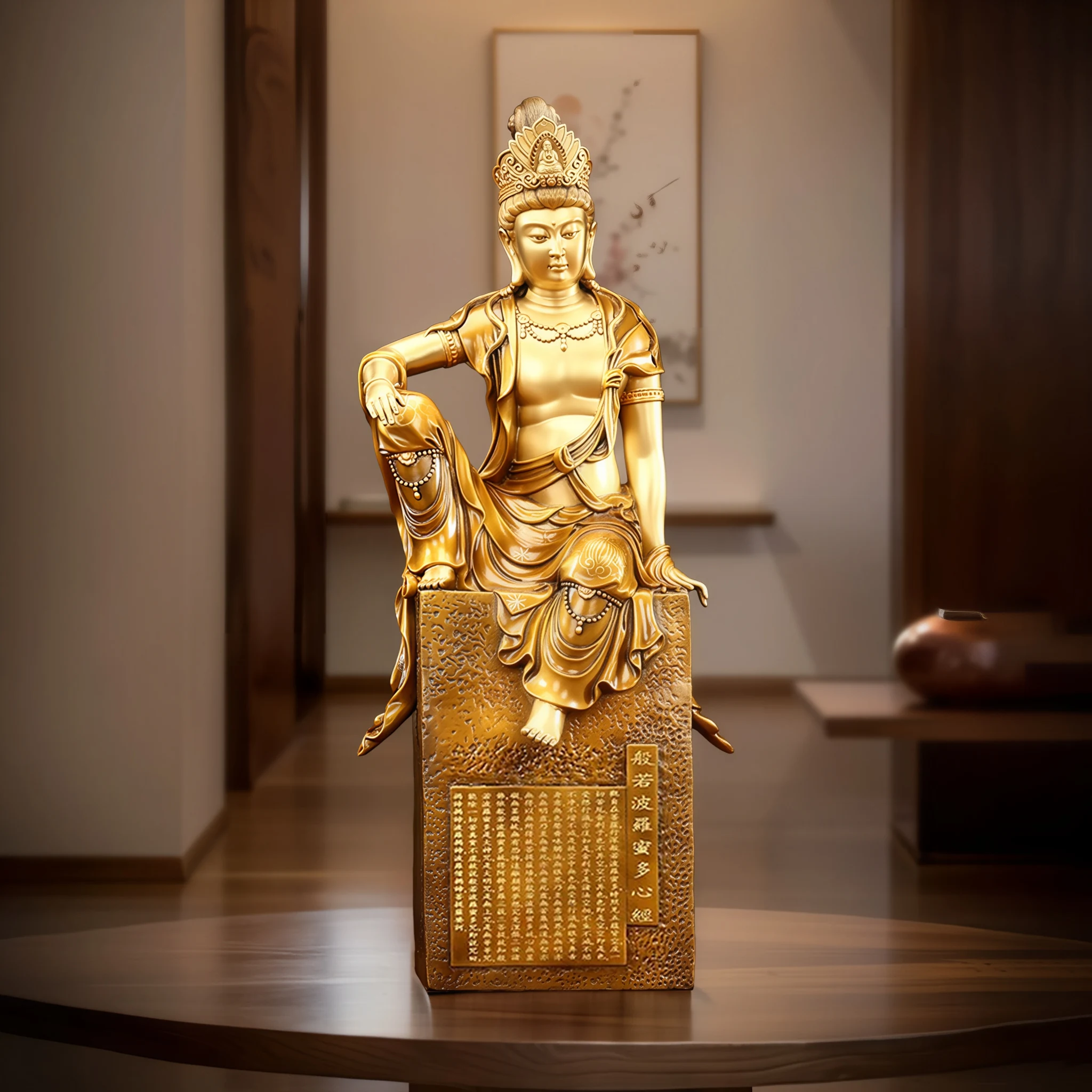 Front of the 61 cm Heart Sutra Guanyin in antique tea-gold brass, seated on an inscribed square pedestal
