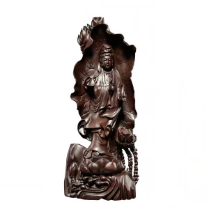 Front of the 58 cm Lotus Leaf Guanyin statue in dark heitan wood, on a white background