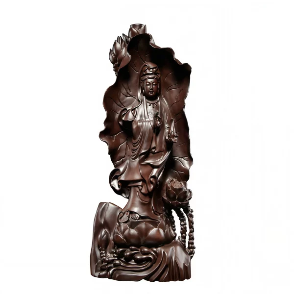 Front of the 58 cm Lotus Leaf Guanyin statue in dark heitan wood, on a white background