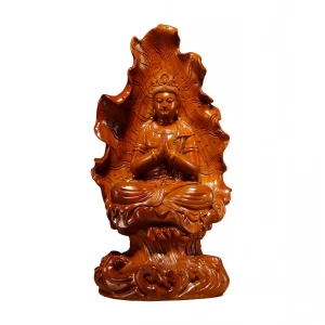 Front view of a Huali wood Lotus Leaf Guanyin statue with joined palms and a curling leaf backdrop