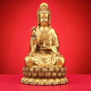 Front view of the 38 cm brass Nanhai Guanyin, holding a willow branch and vase on a tiered lotus base