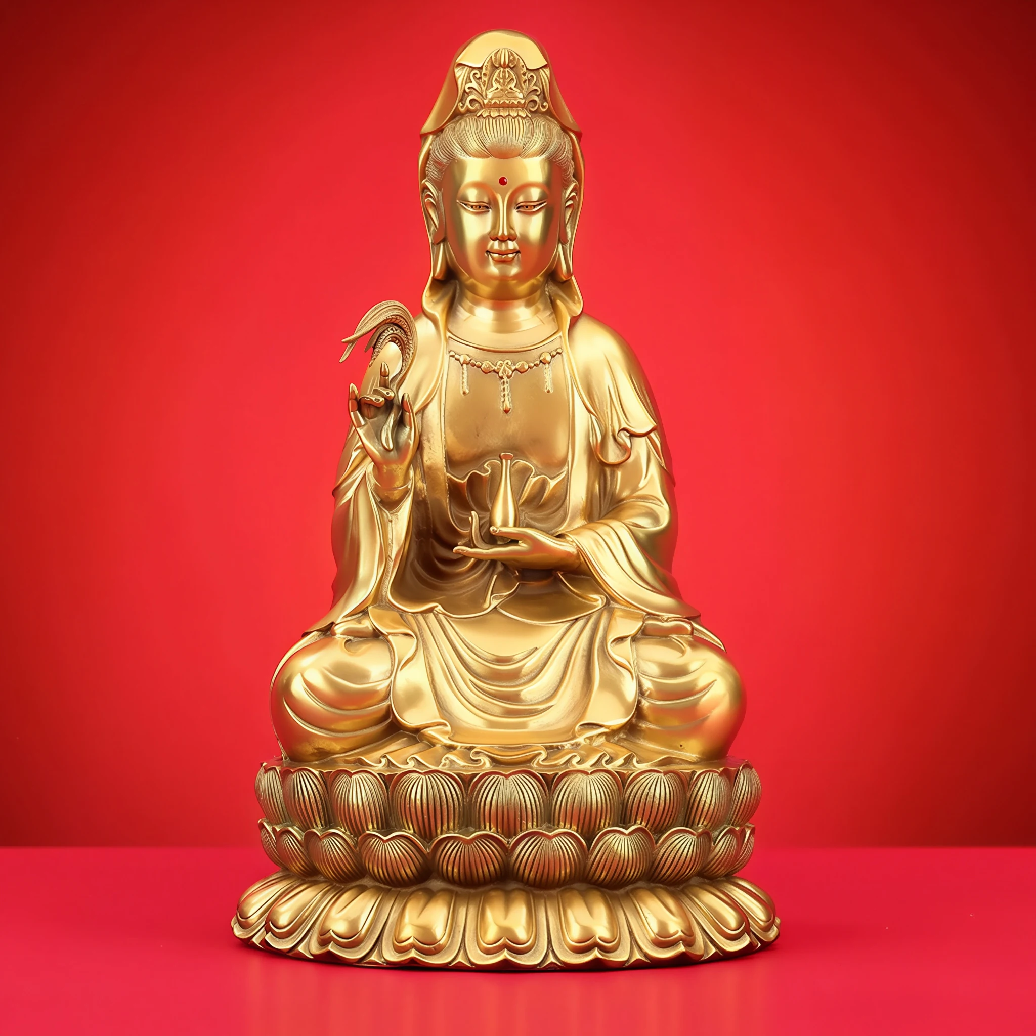 Front view of the 38 cm brass Nanhai Guanyin, holding a willow branch and vase on a tiered lotus base