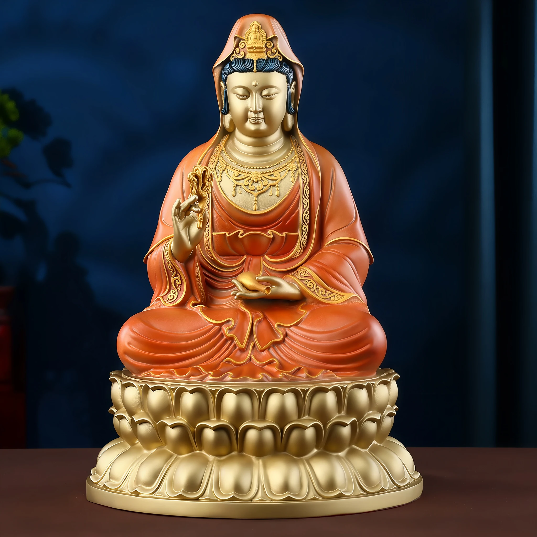 Front view of the 37.8 cm painted brass Guanyin statue, with red robes and a gold-colored lotus pedestal