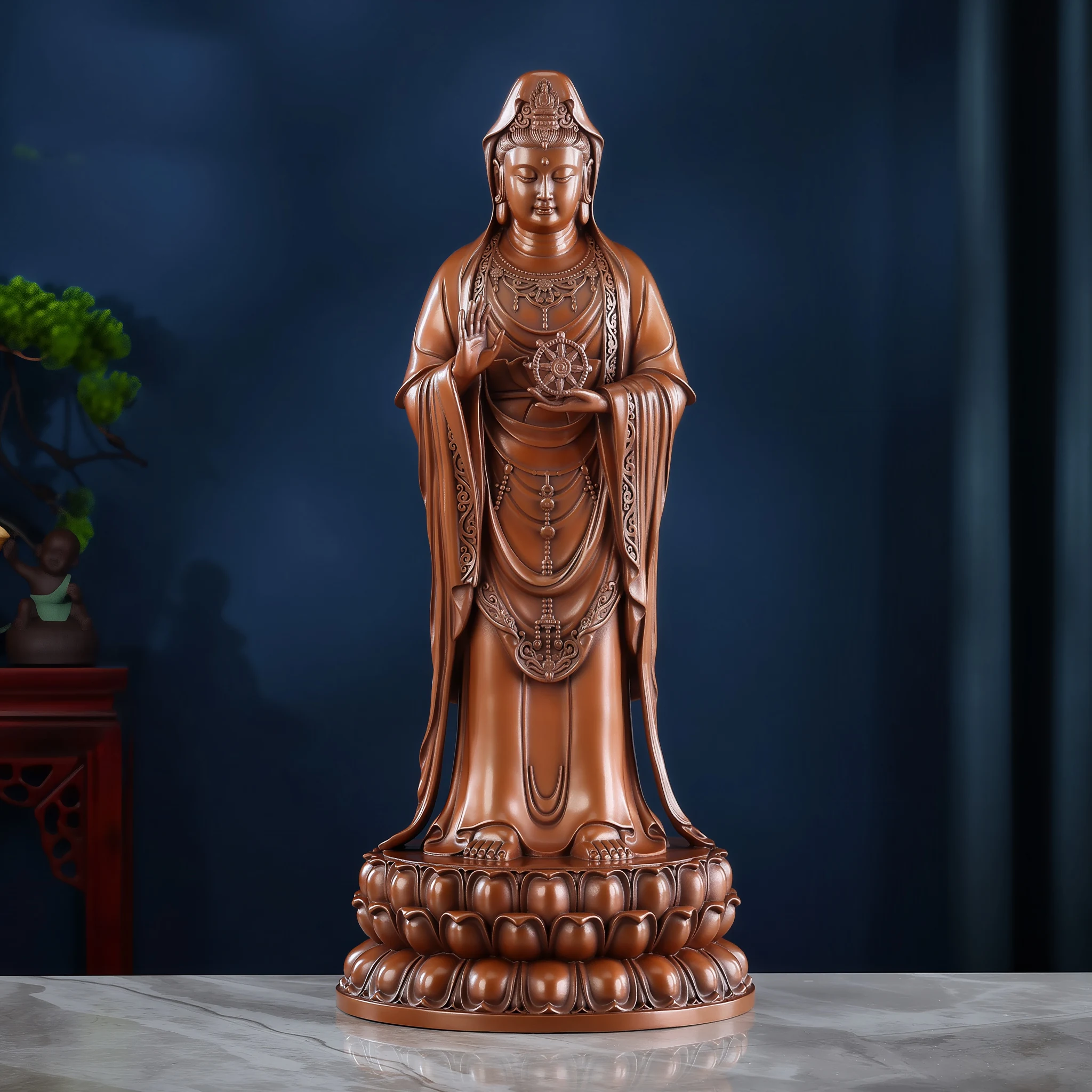 Front view of the 47.5 cm copper Putuo Guanyin, holding a Dharma wheel above a layered lotus pedestal