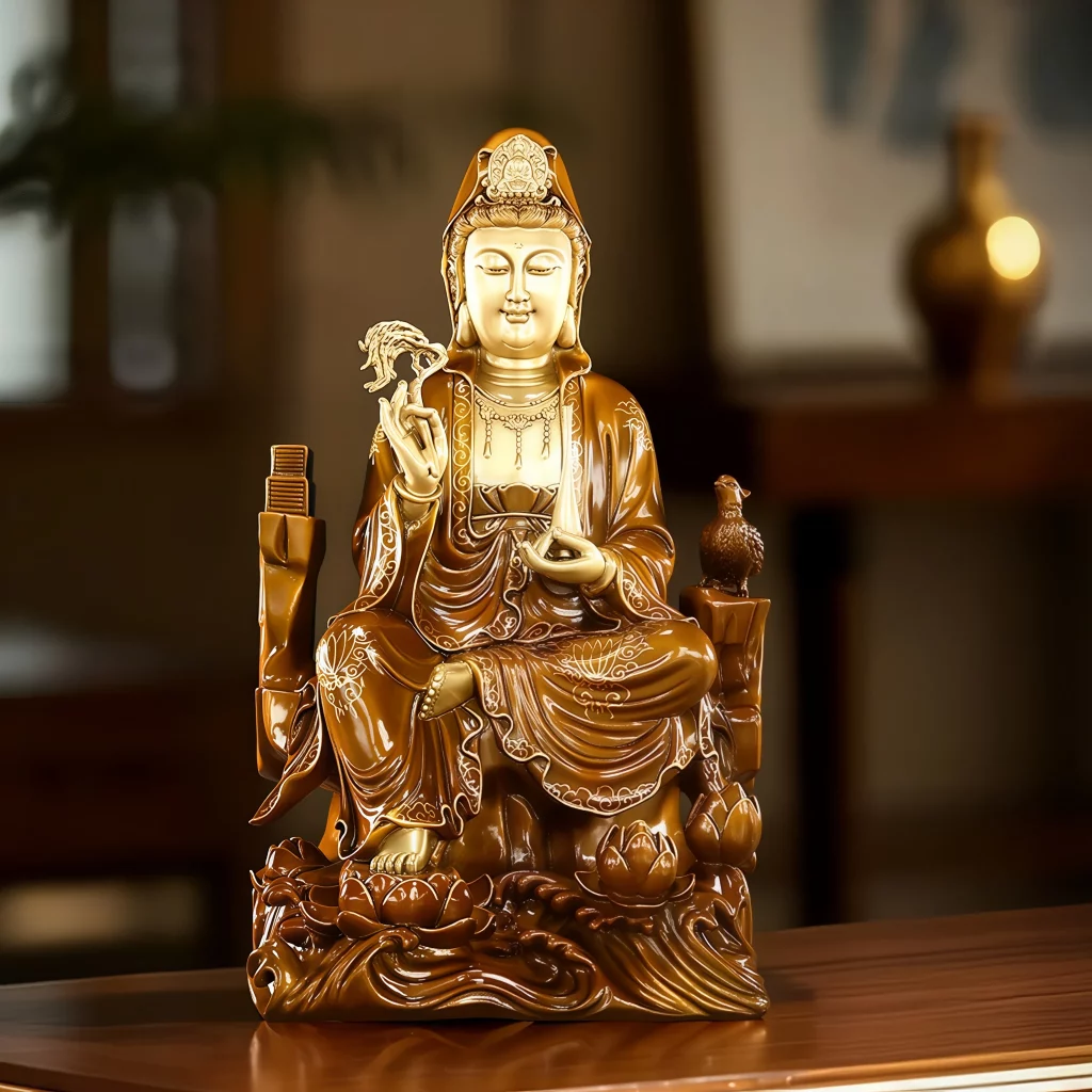 39 cm brass Guanyin with a parrot on a rocky throne