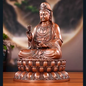 38 cm Copper Willow Guanyin — Side Three-quarter view of the 38 cm copper Kuan Yin, showing the raised hand and flowing sleeves