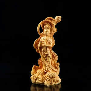 Small-leaf boxwood Duhai Kuan Yin with a circular halo and sweeping drapery