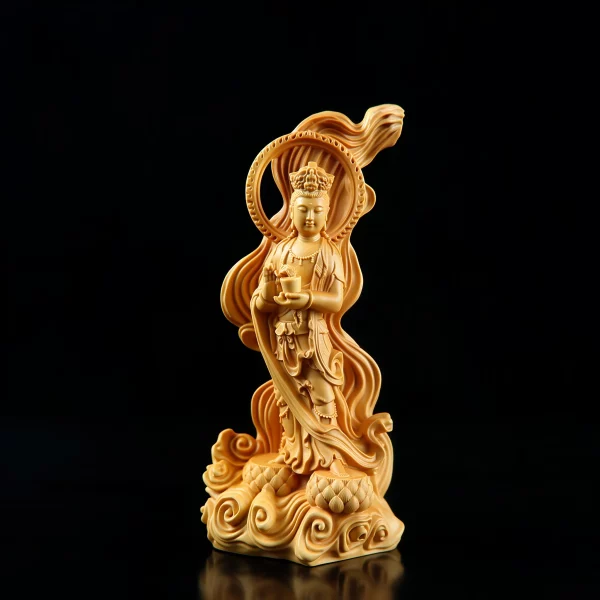 Small-leaf boxwood Duhai Kuan Yin with a circular halo and sweeping drapery