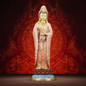 Coral-Patterned Falun Guanyin — Front Falun Guanyin with coral-patterned robes, gold-colored face and hands, and a blue base beneath the red lotus