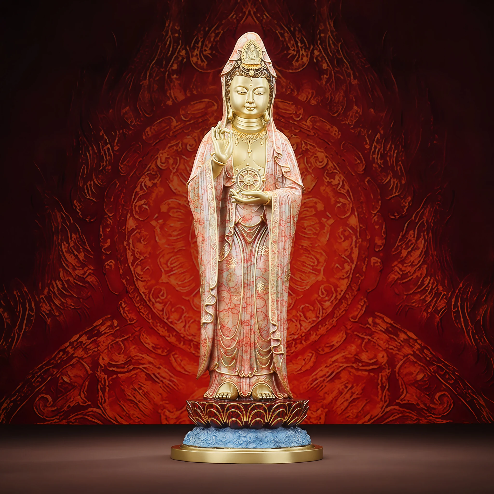 Falun Guanyin with coral-patterned robes, gold-colored face and hands, and a blue base beneath the red lotus