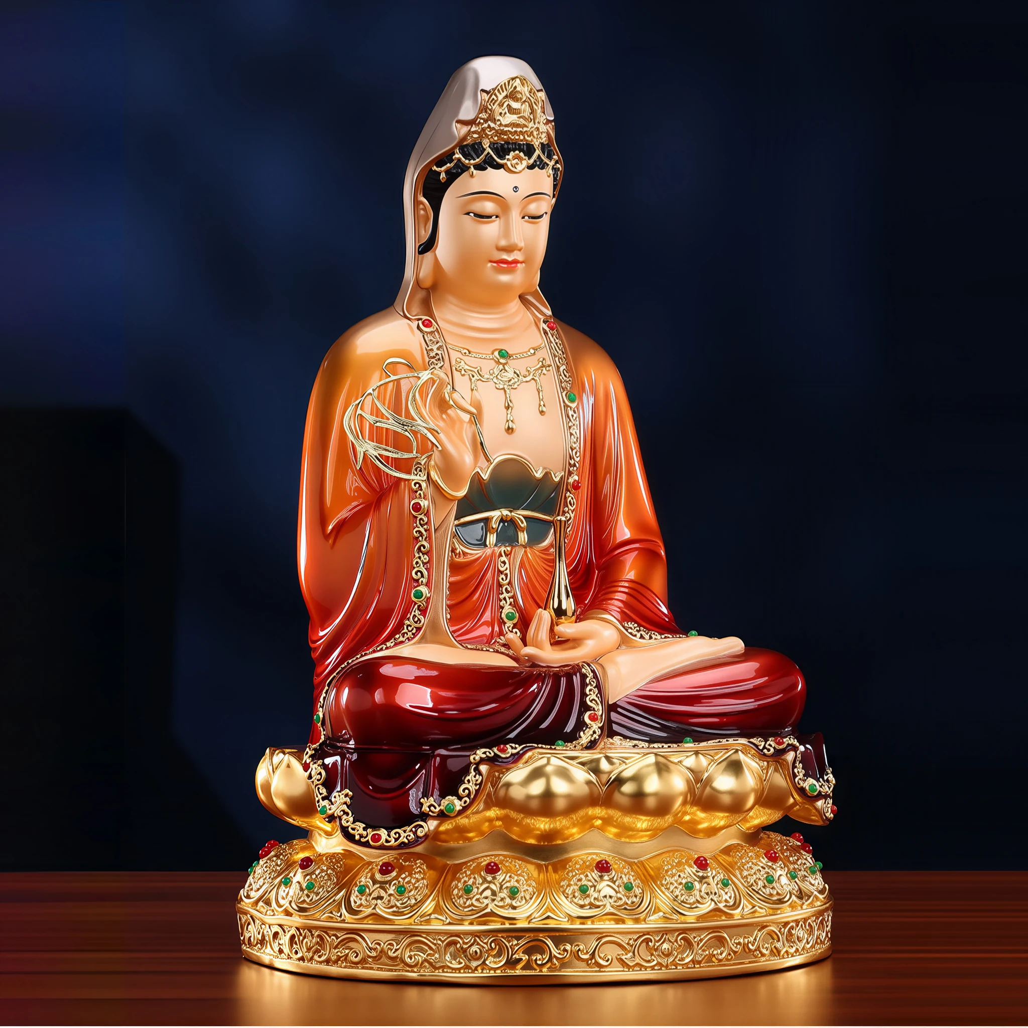 Three-quarter view of the 39 cm Yangliu Guanyin showing the raised willow sprig and layered round lotus pedestal