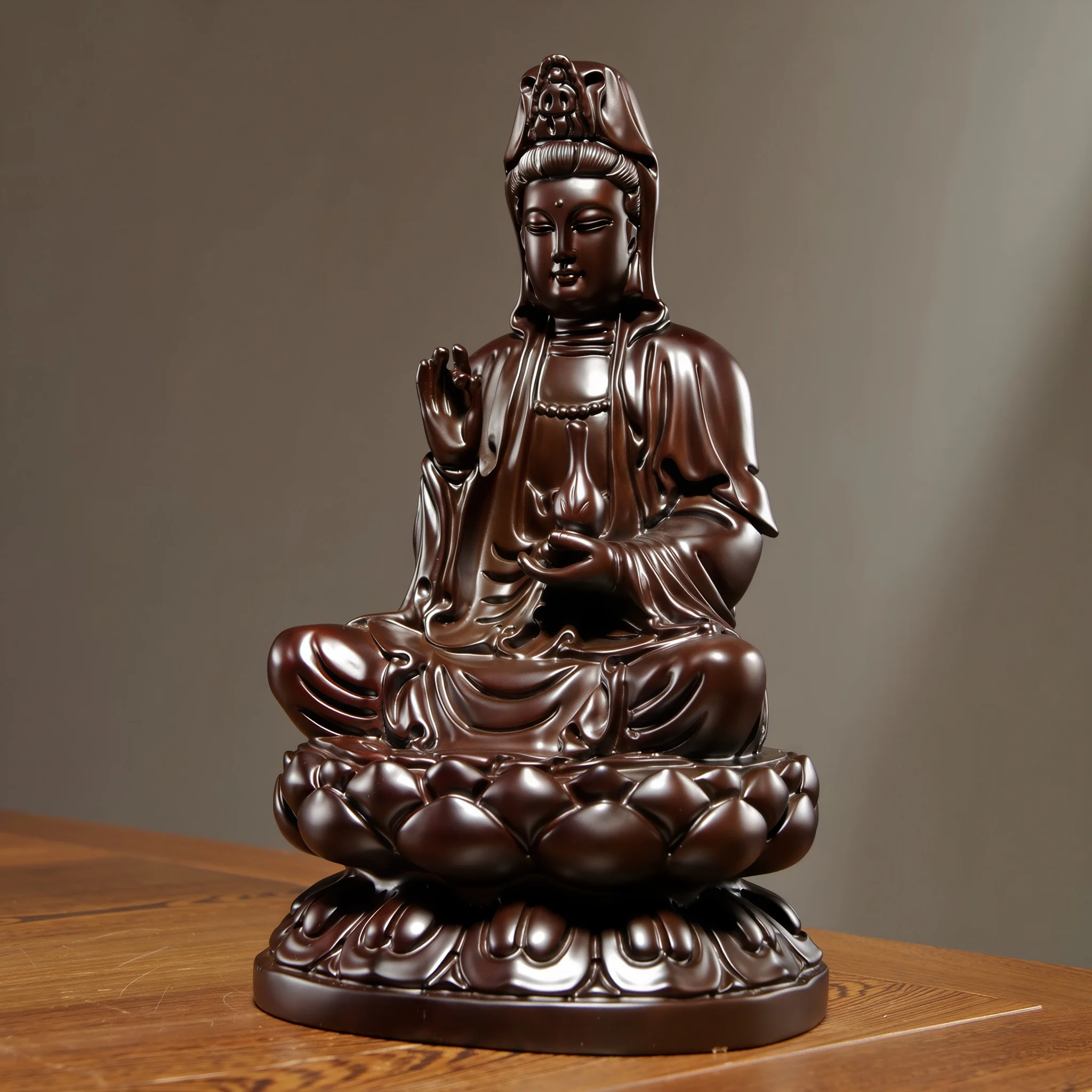 Three-quarter view of heitan wood Guanyin with a raised right hand and lotus pedestal