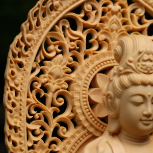 Kuan Yin — Pierced Floral Halo Carved flowers and curling vines inside the flame-shaped halo of the wooden Kuan Yin