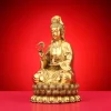 Angled view of the 38 cm South Sea Kuan Yin showing the raised willow, narrow vase and flowing brass robes
