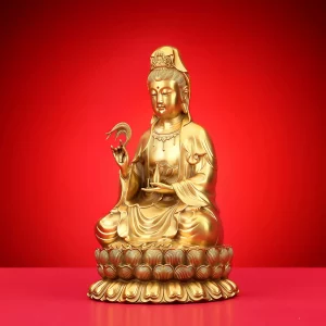 South Sea Kuan Yin — 38 cm Angled View Angled view of the 38 cm South Sea Kuan Yin showing the raised willow, narrow vase and flowing brass robes