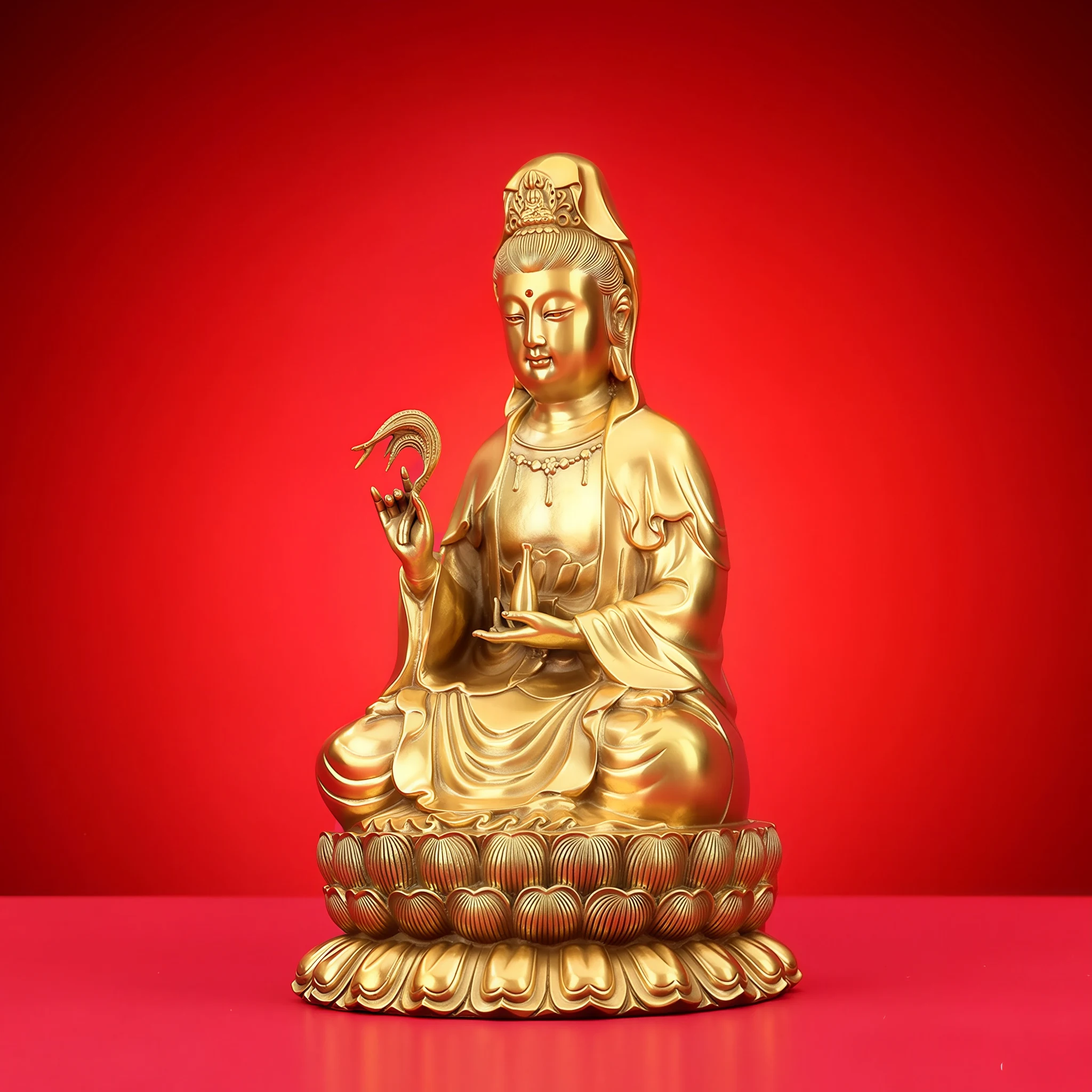 Angled view of the 38 cm South Sea Kuan Yin showing the raised willow, narrow vase and flowing brass robes