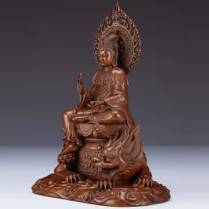Putuo Kuan Yin – Three-Quarter View Three-quarter view of Putuo Kuan Yin with the tilted water vase, folded robe and mythical Hou mount