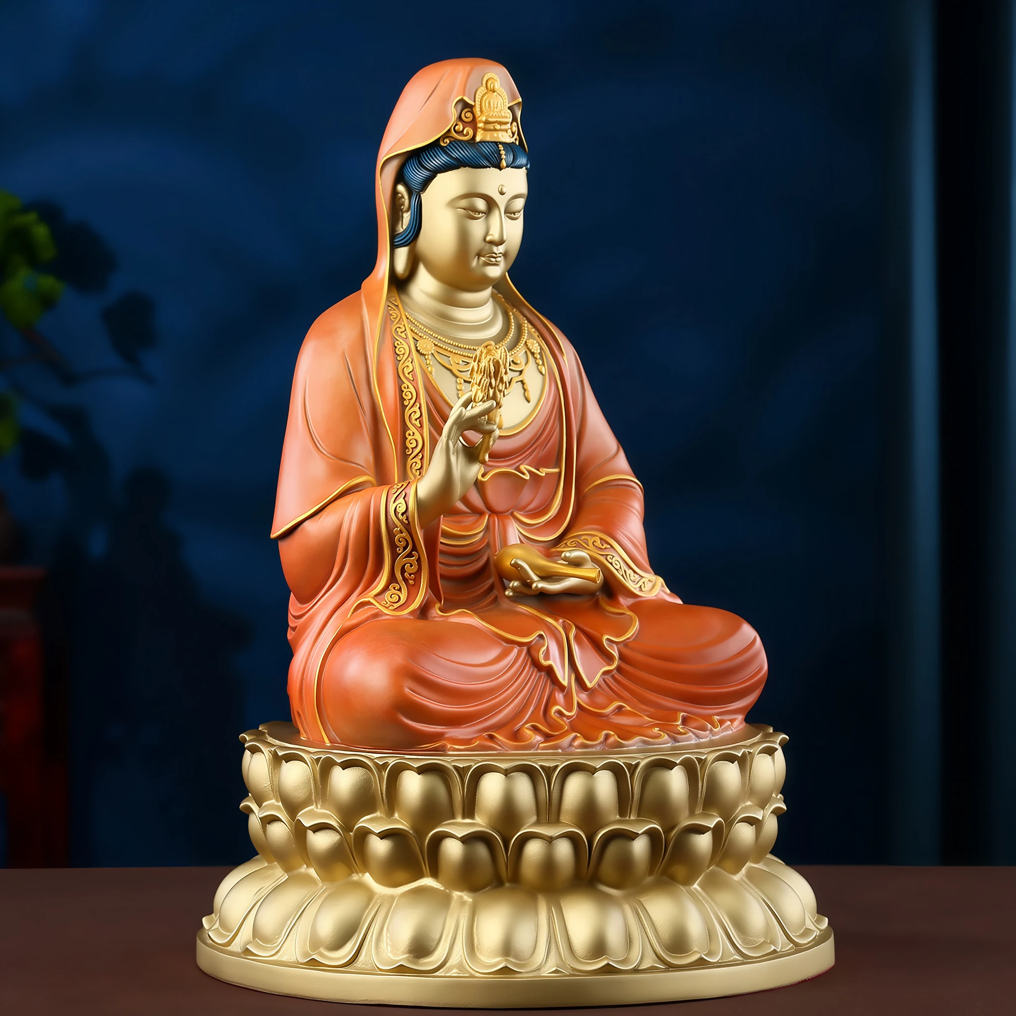 Side view of the 37.8 cm red and gold Kuan Yin, showing the robe folds and broad lotus base