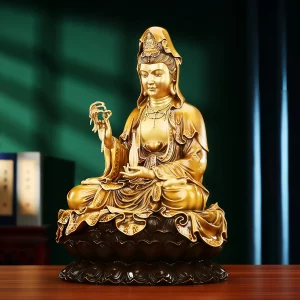 Brass South Sea Kuan Yin — Left View Left three-quarter view of brass South Sea Kuan Yin, showing the raised willow sprig and layered robes