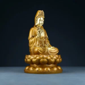 Right three-quarter view of the brass Kuan Yin, showing the willow branch, robe folds and lotus pedestal Right three-quarter view of the brass Kuan Yin, showing the willow branch, robe folds and lotus pedestal