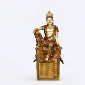 46 cm Xinjing Guanyin with brown-gold robes, raised knee and Heart Sutra panel