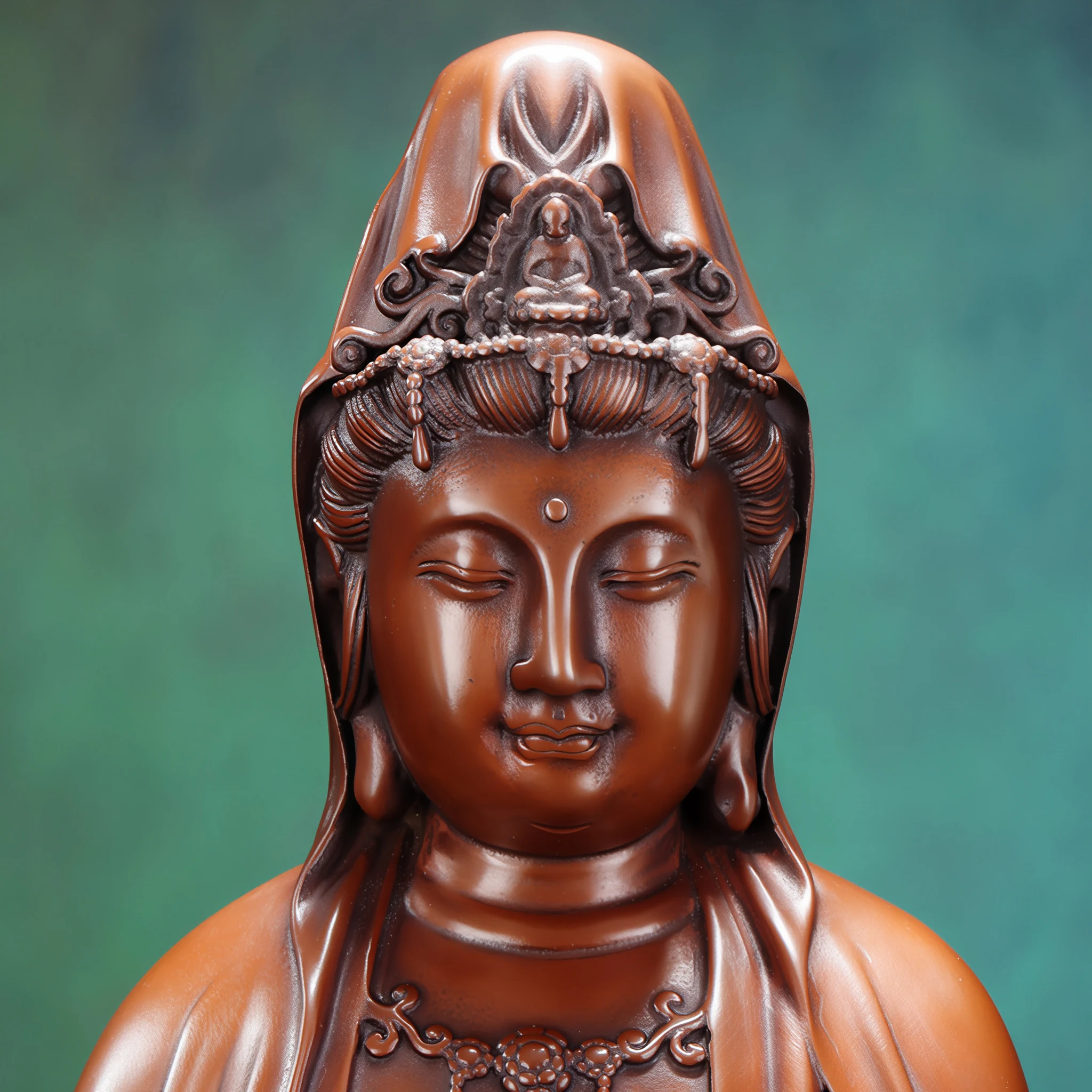 Guanyin’s lowered eyes, rounded face and small seated Buddha in the copper crown