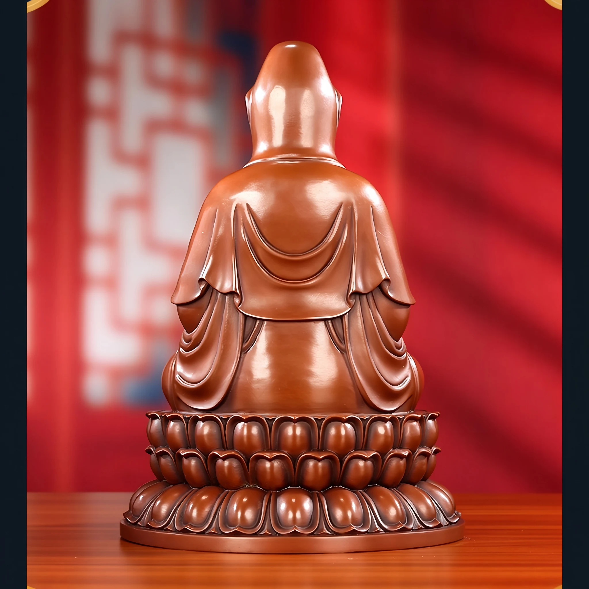 Back of the seated copper Guanyin with a smooth hood, draped robe and layered lotus base