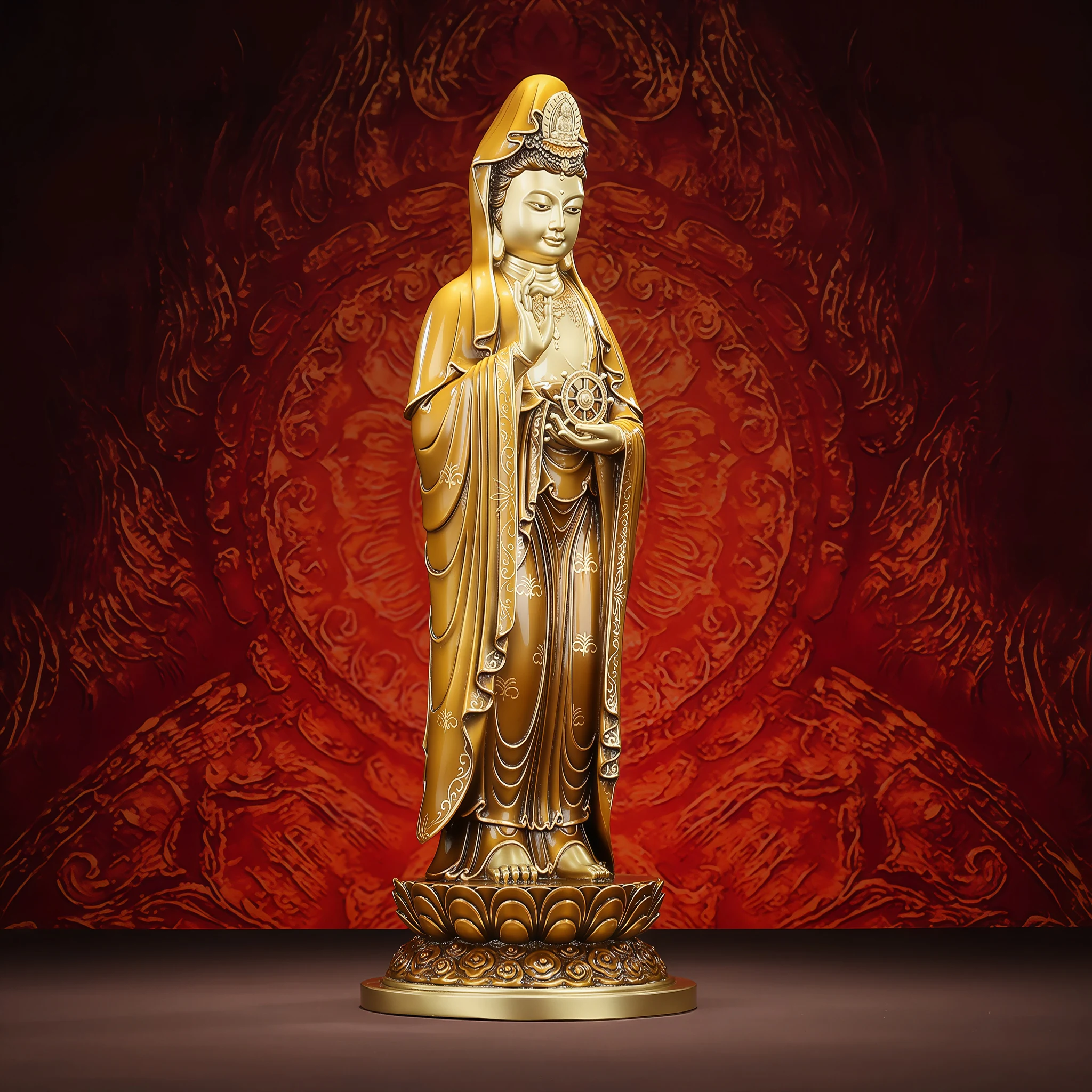 Three-quarter view of antique tea-gold Kuan Yin with a Dharma wheel and long flowing robes