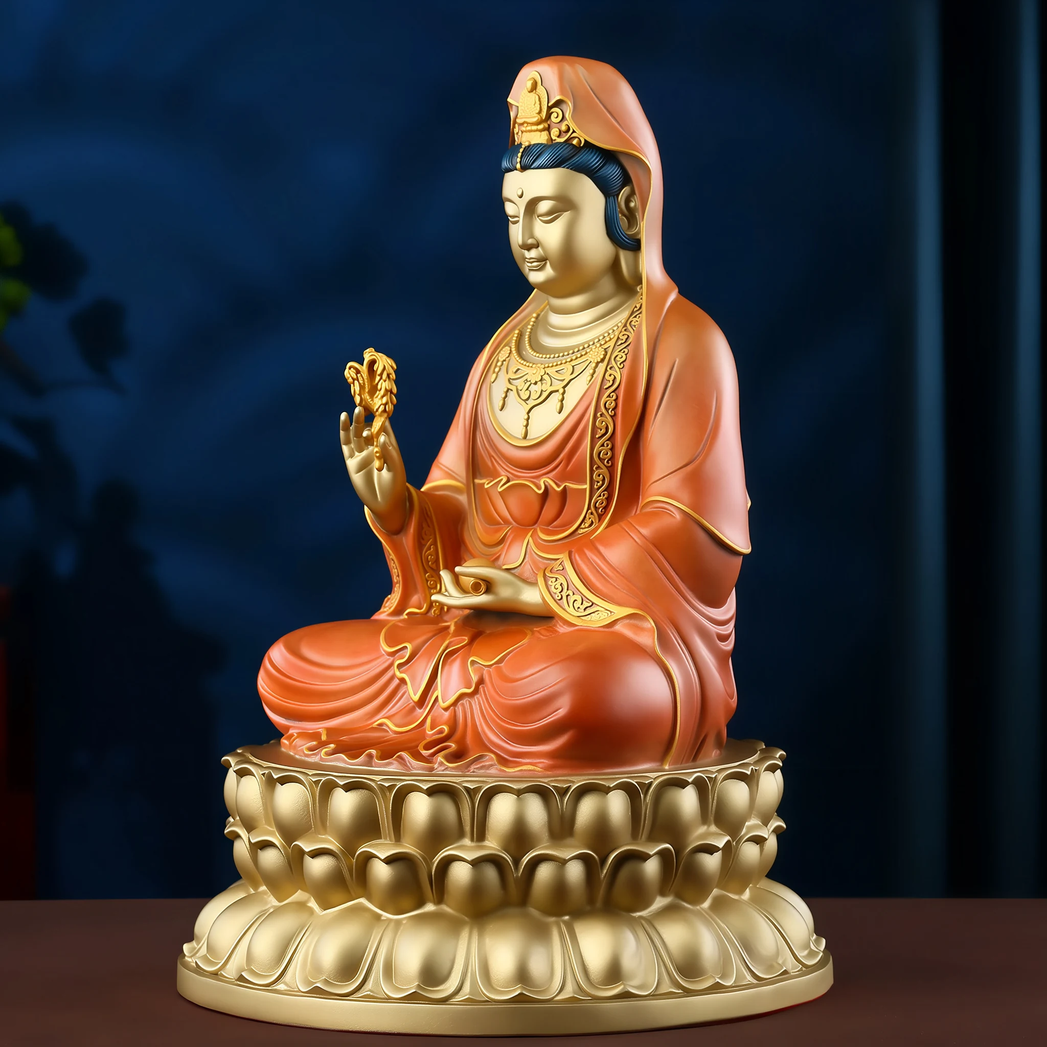 Three-quarter view of the 37.8 cm painted Guanyin with a leafy sprig raised beside the face