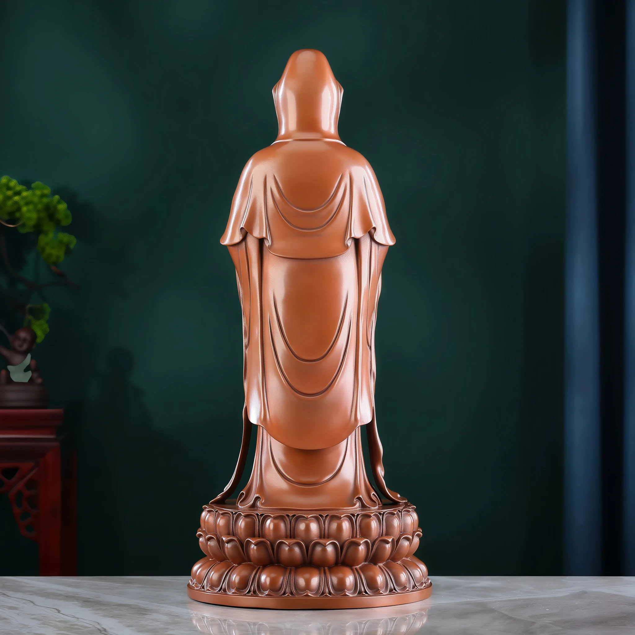 Rear view of the 47.5 cm Putuo Guanyin, showing the long hood and vertical robe folds