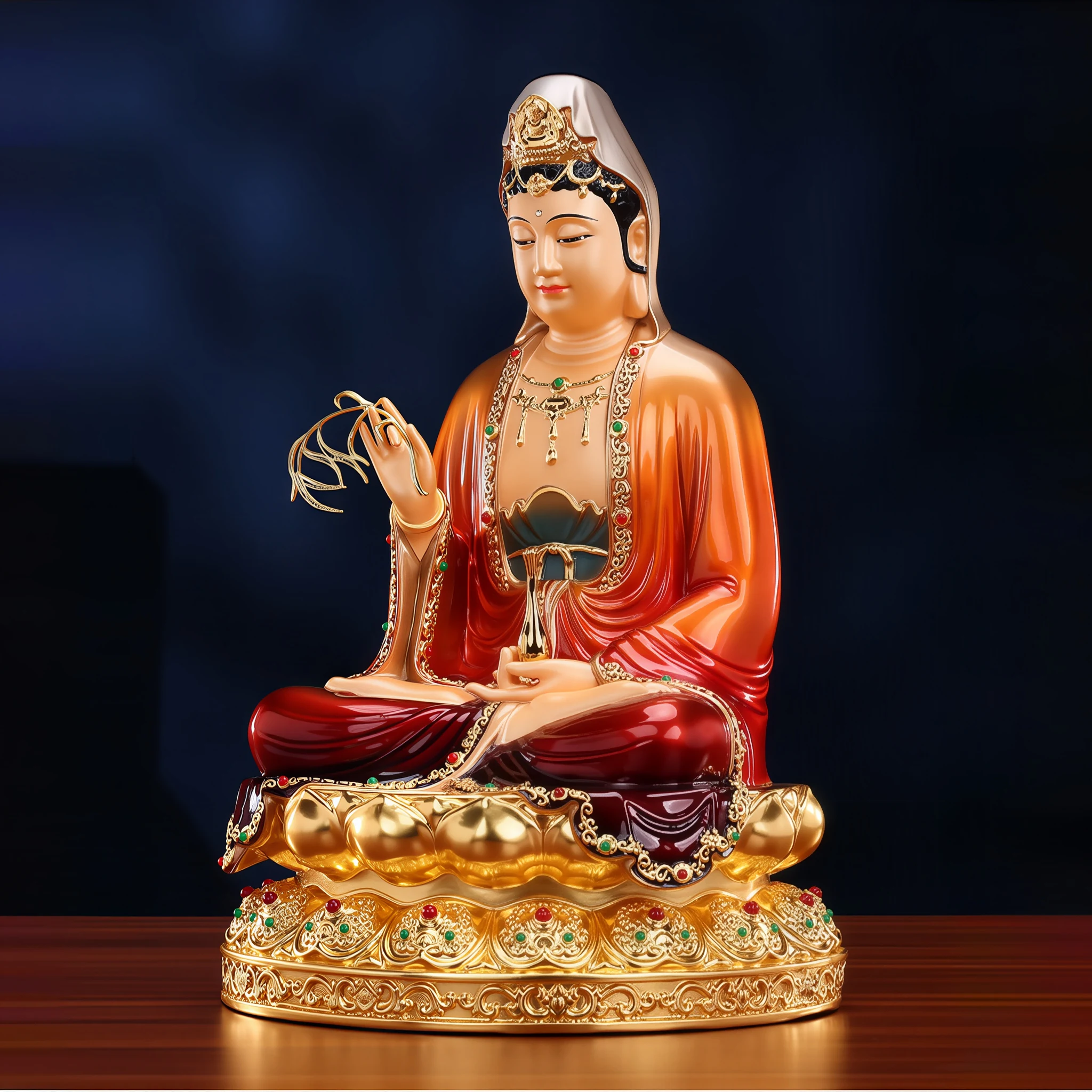 Opposite angle of the 39 cm red and gold Kuan Yin, showing the white head veil, green chest panel and vase held above crossed legs