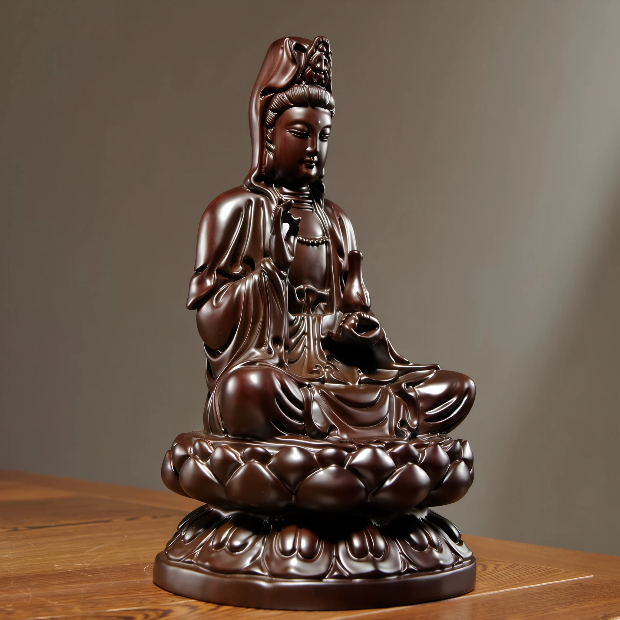 Side view of the wooden Kuan Yin, showing the vase, robe folds and lotus seat