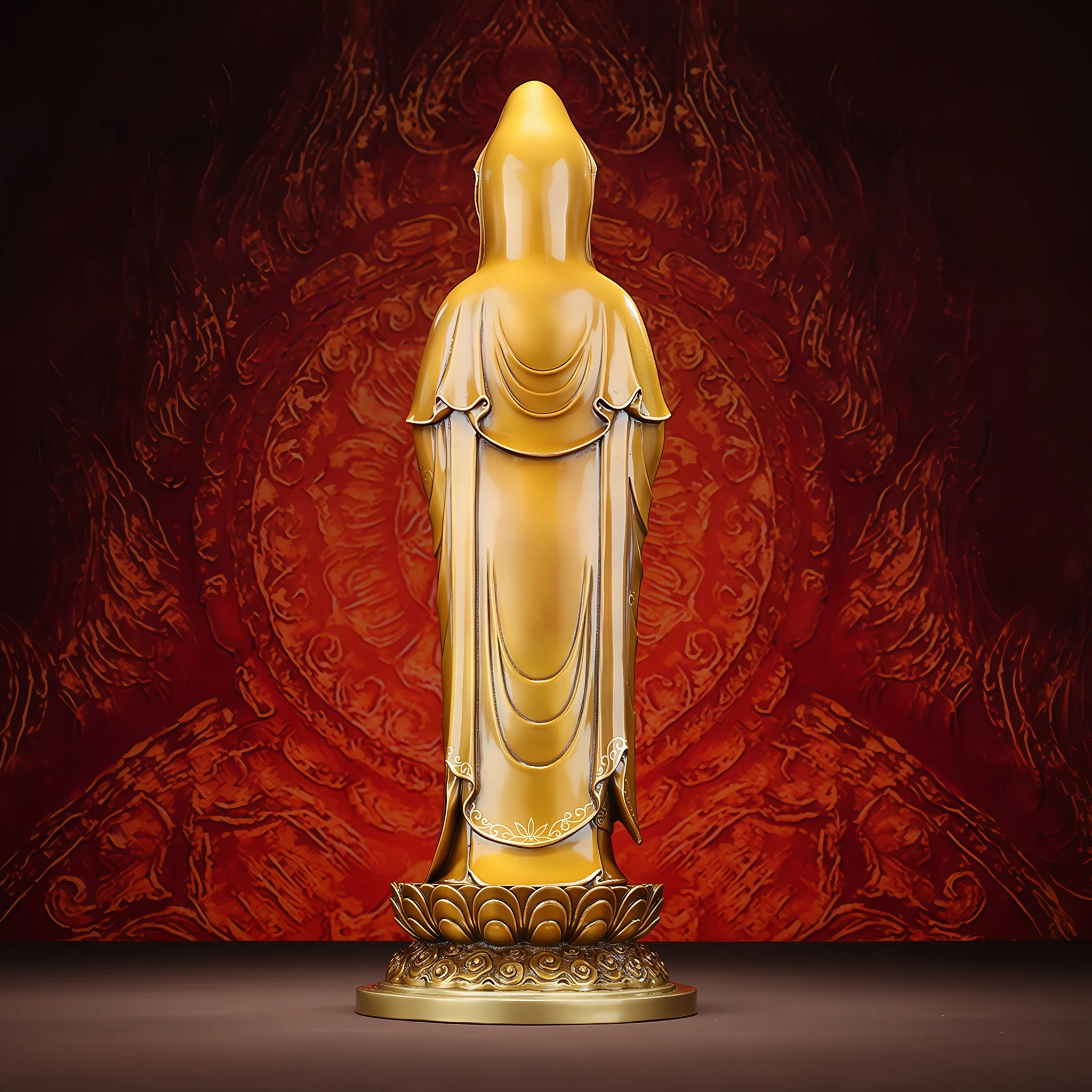 Back of the brass Falun Guanyin, showing the smooth hood, draped robes and lotus pedestal