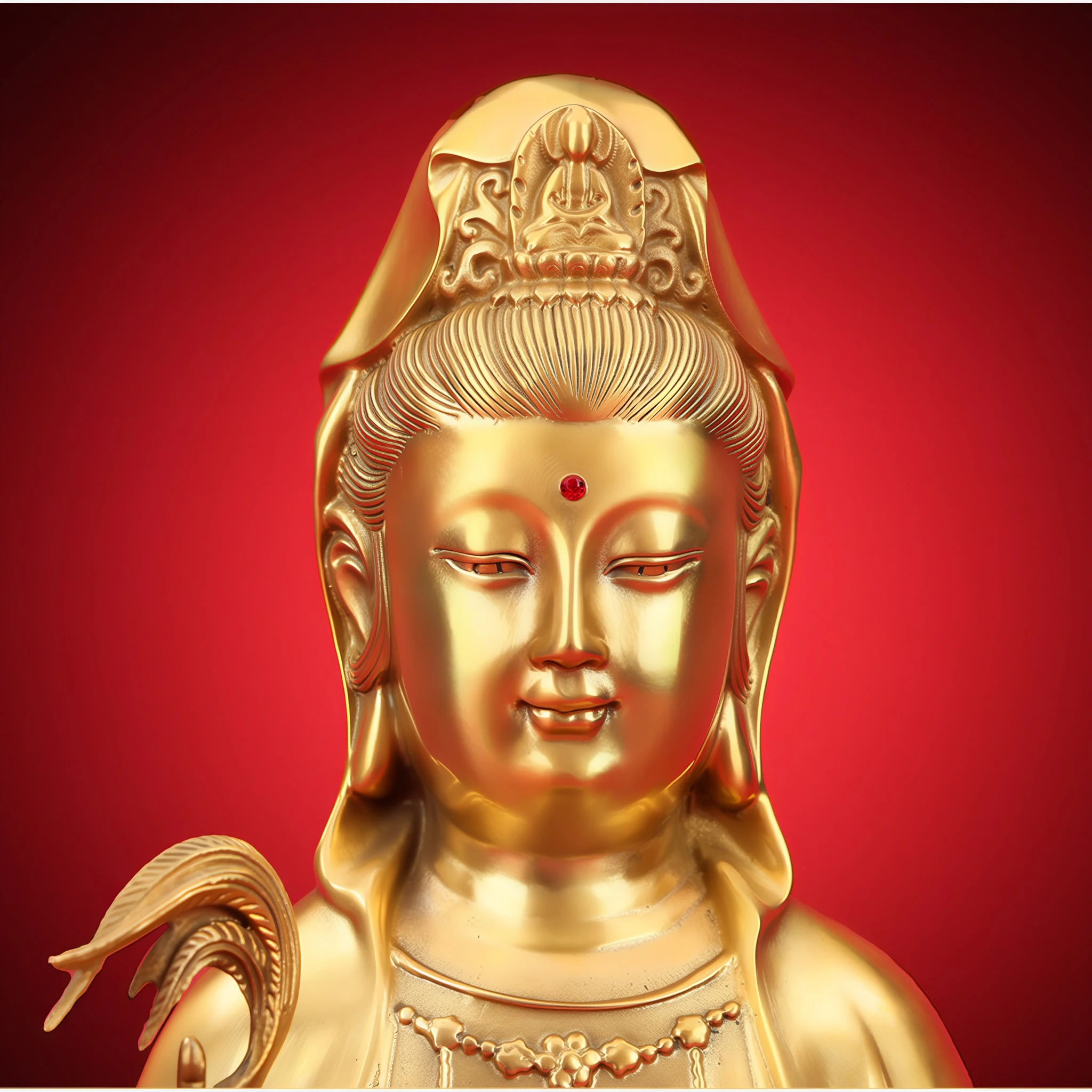 Face of the 38 cm brass Guanyin with lowered eyes, a red brow accent and a small Buddha in the crown