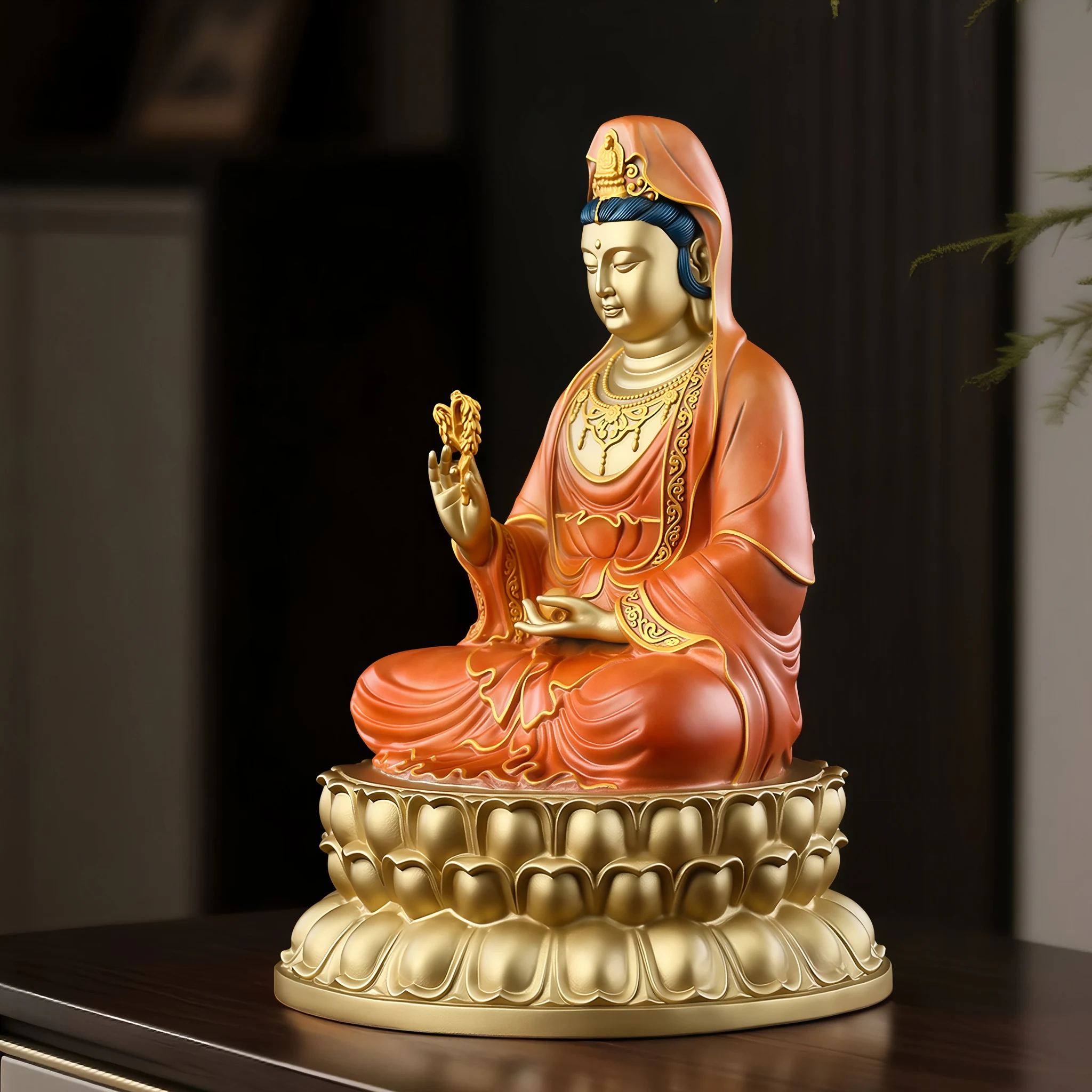 Painted brass Guanyin on a wooden surface in a softly lit interior; illustrative setting