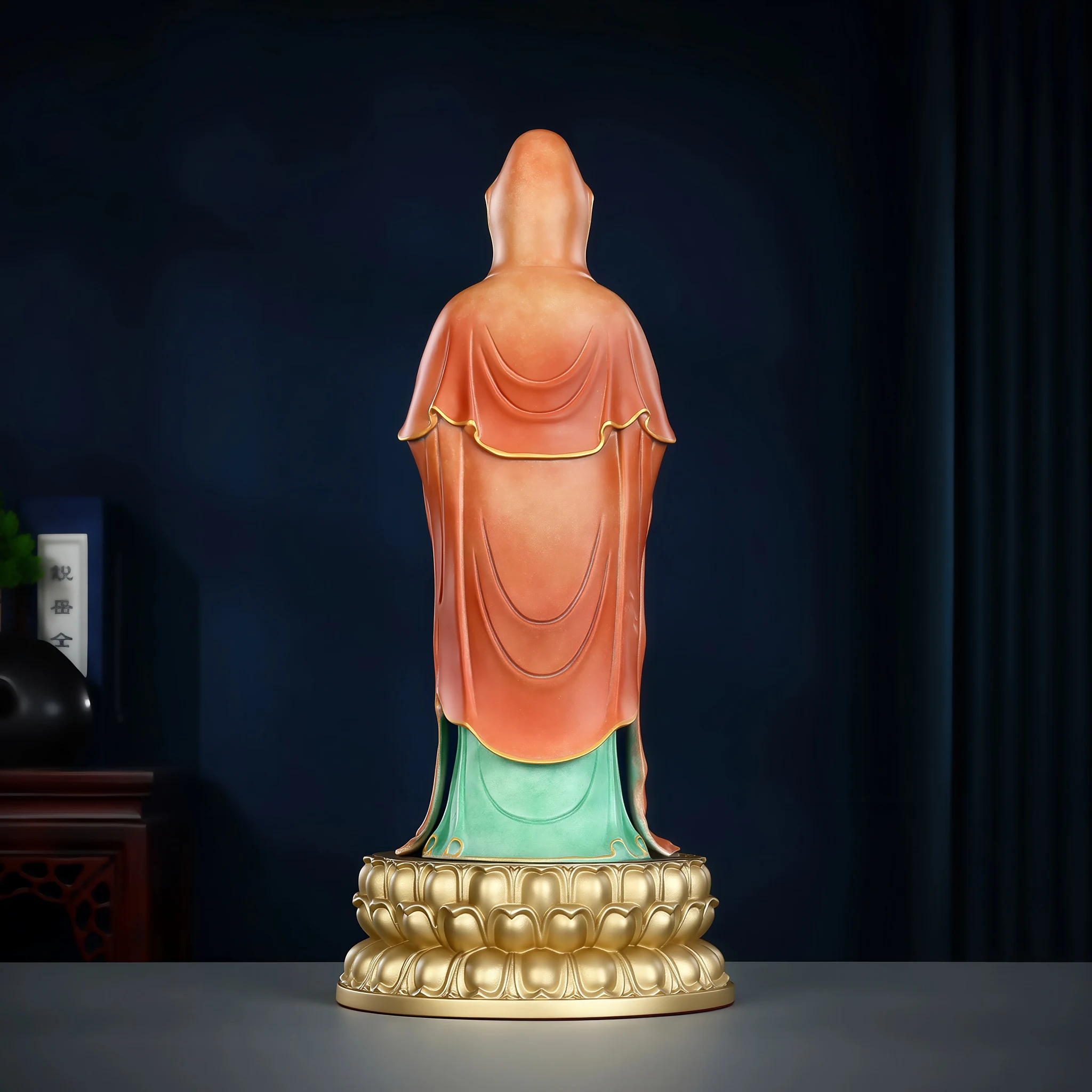 Rear of the 38 cm Putuo Guanyin, with red drapery, a green lower robe and lotus base