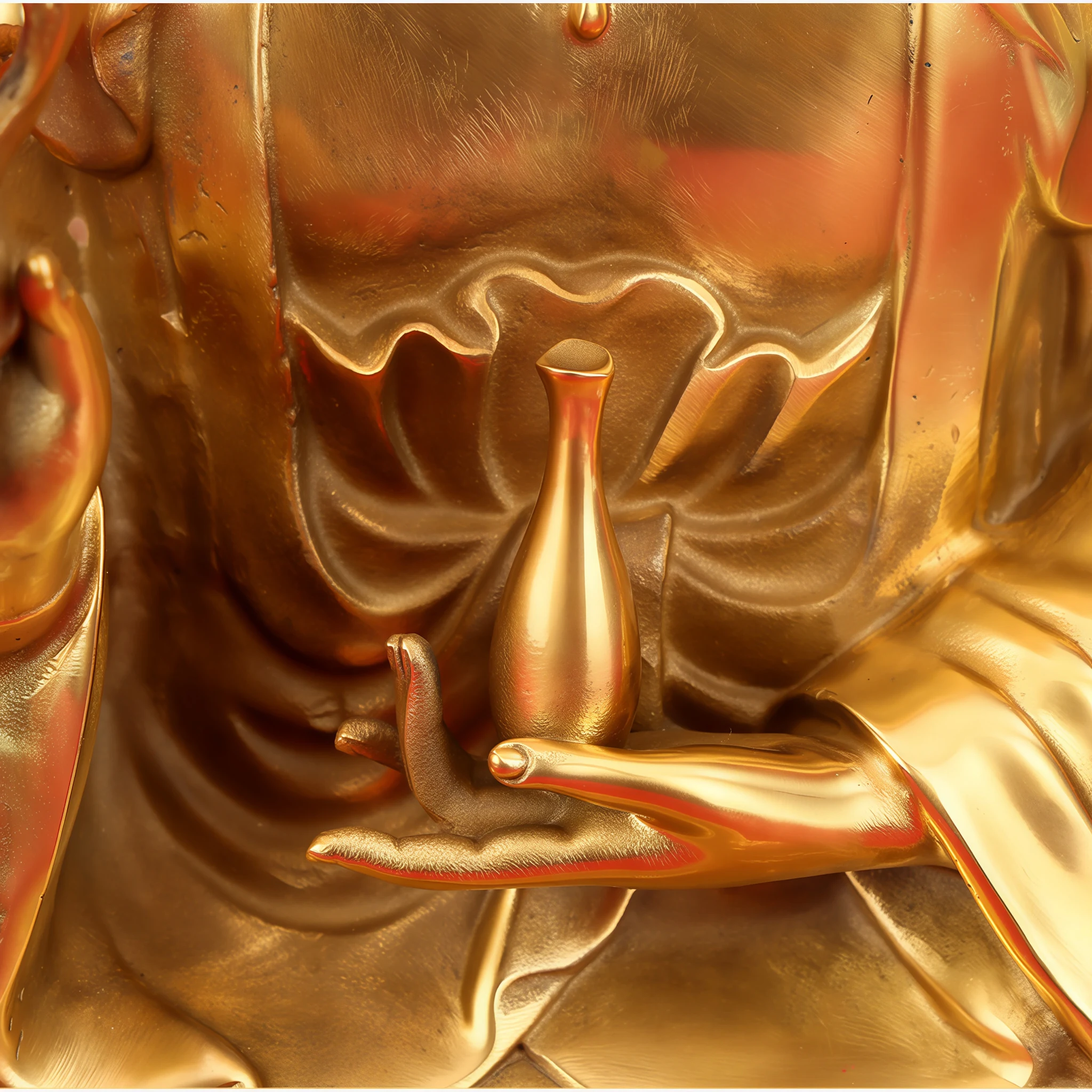 Close view of the slender vase resting upright in the left palm of the 38 cm brass Kuan Yin